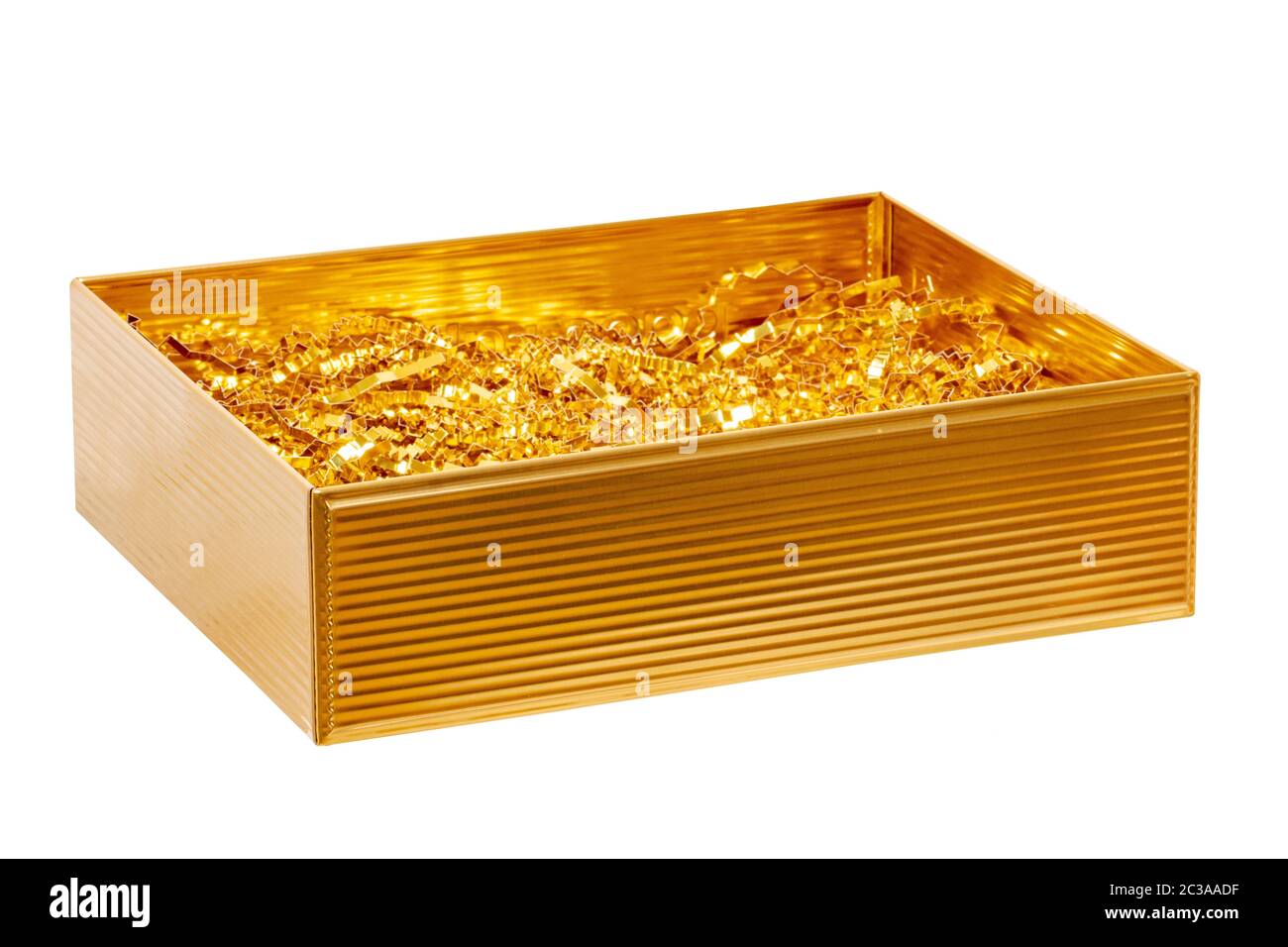 Gold Rectangular Box Closeup of a festive rectangular golden metallic gift box isolated on a ...
