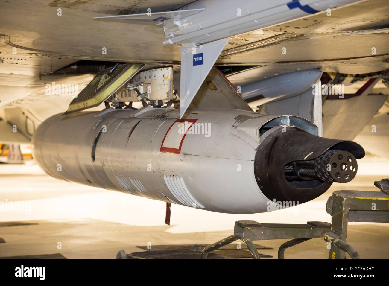 Machine gun SUU-23/A Vulcan Gatling-style rotary cannon fitted to a Phantom FGR2 fighter fast jet aircraft / plane / airplane / military aeroplane on display exhibition at the RAF Royal air force Museum, Hendon London, UK. (117) Stock Photo