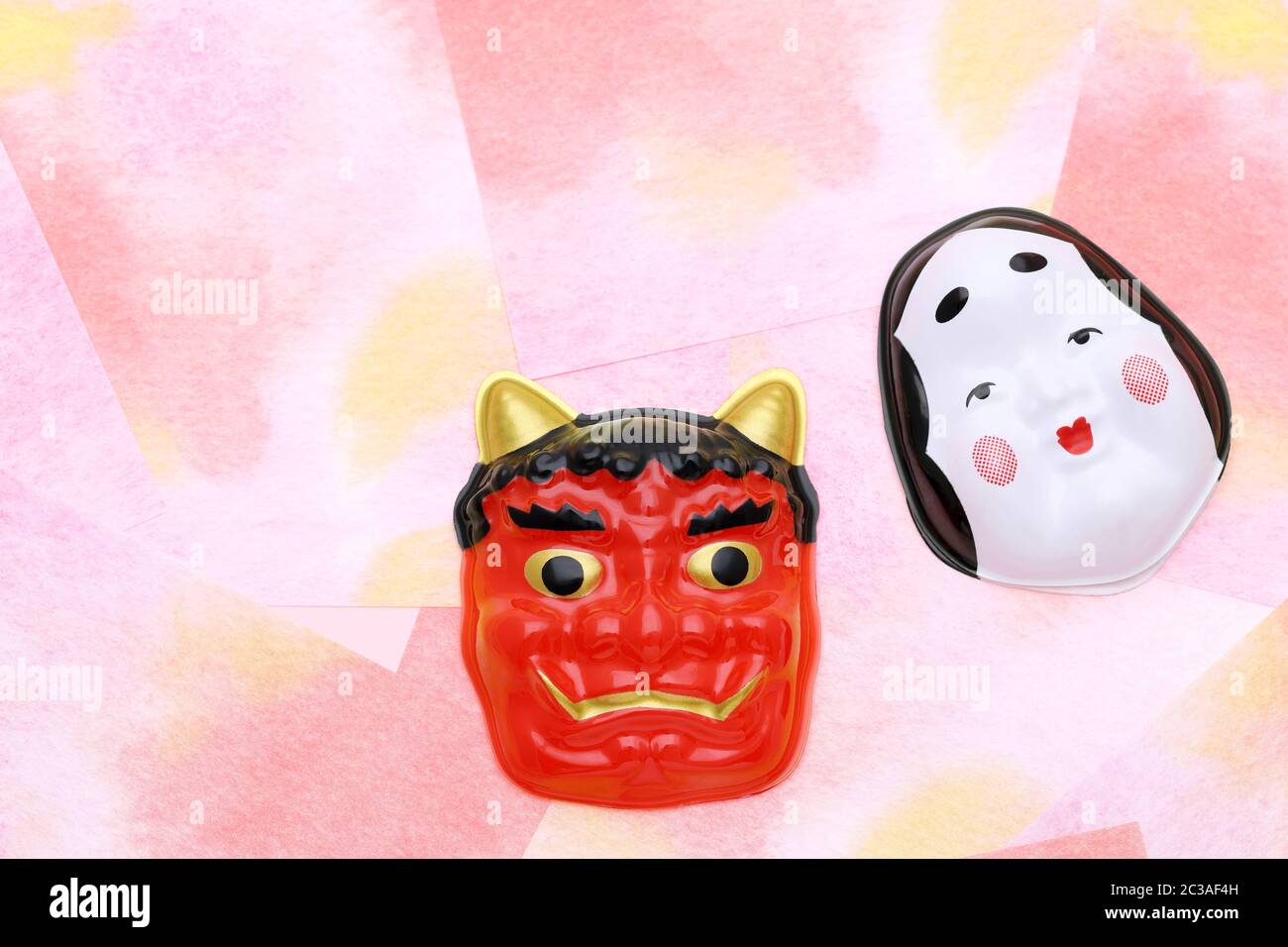 Japanese traditional Setsubun event, Masks of demon and okame are used on an annual event Stock