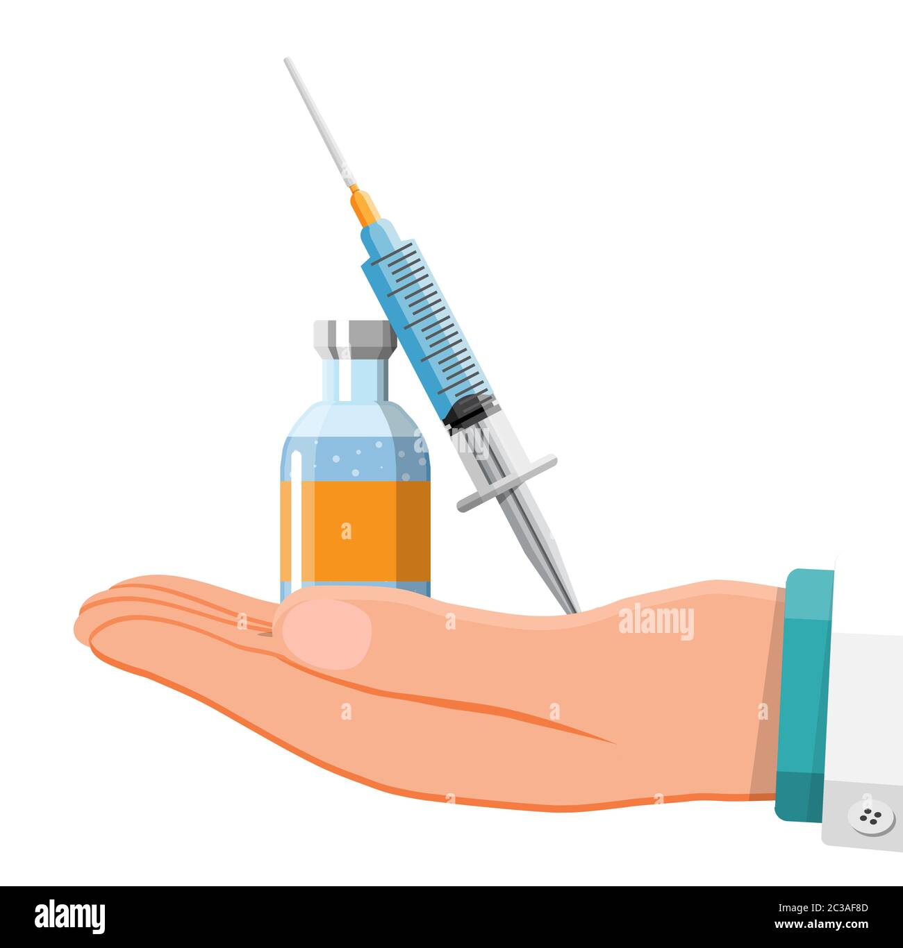 Ampoule and syringe with medicament in hand of doctor. Vaccination concept. Injection syringe needles. Medical equipment. Healthcare, hospital and medical diagnostics. Flat vector illustration Stock Vector