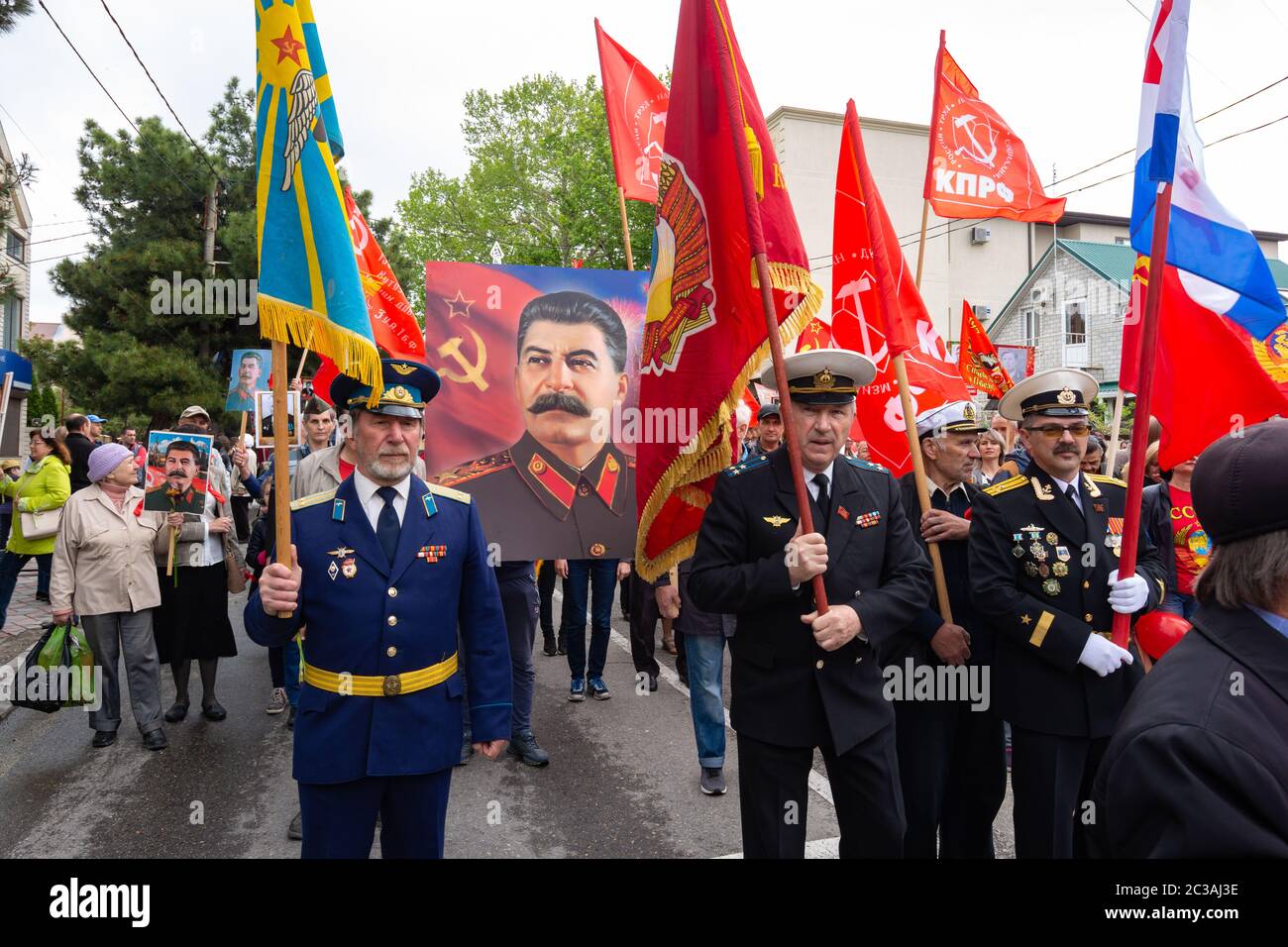 Anapa, Russia - May 9, 2019: Veterans carry a portrait of Stalin at a celebration in honor of Victory Day Stock Photo