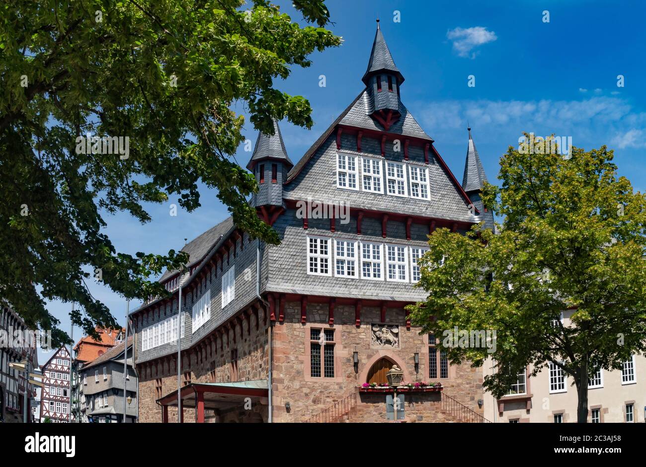 town hall, fritzlar, small town, historic, tradition, town, germany, north hesse, building, sky, clouds, summer, imposing, slate, stone house, towers, Stock Photo