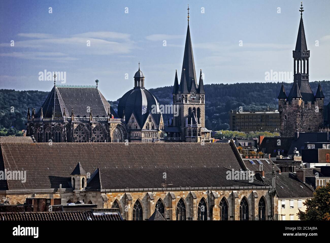 Towers of the cathedral and town hall over the roofs of the city, Aachen, Germany, Europe Stock Photo