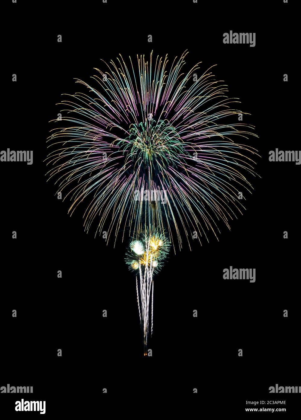 Night fireworks of various colors on black background Stock Photo
