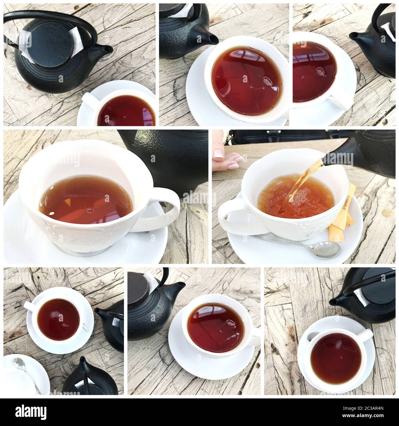 Teapot Pouring Drink In Cup On Table. Pouring Tea British Style. Kettle Pouring Tea In Cup Stock