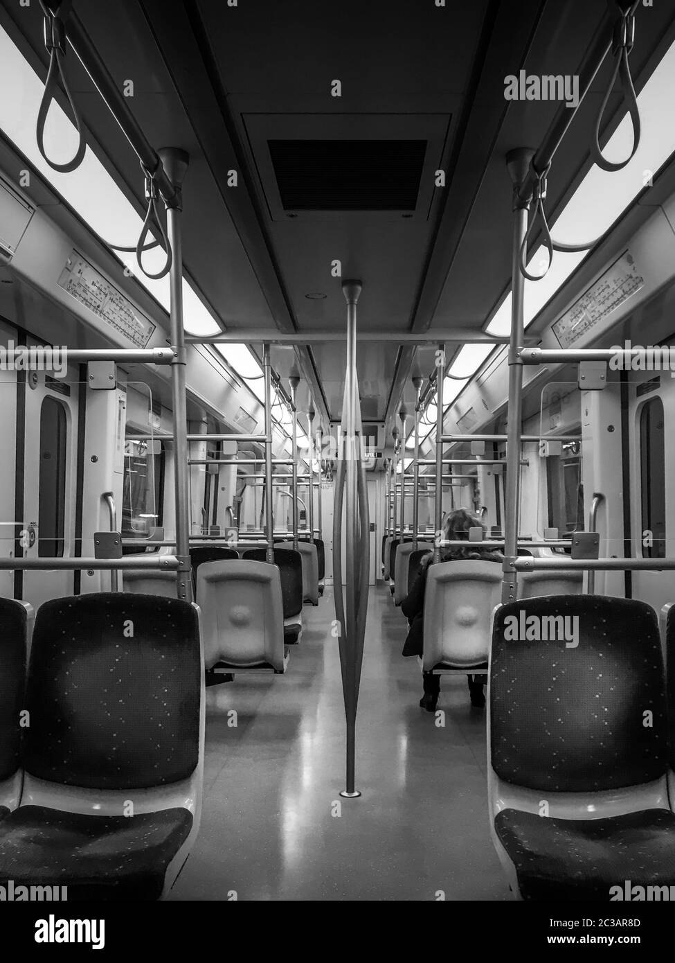 Empty wagons in the Athens metro (Underground), during the lockdown due to the coronavirus outbreak in March 2020. Stock Photo