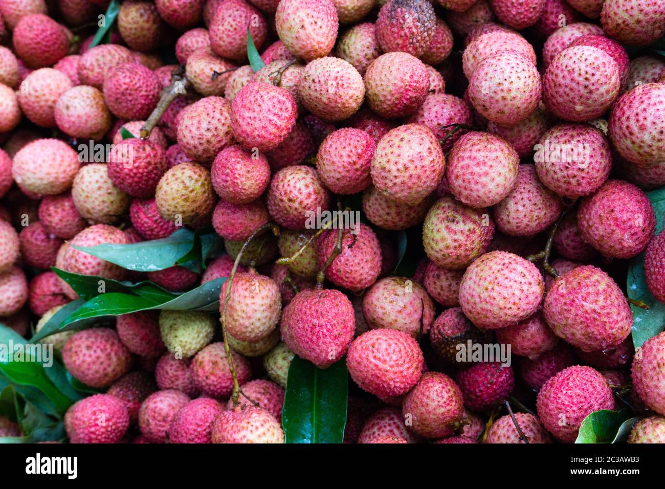 A closeup shot of Lychee on a roadside fruit vendor. Lychee is the sole member of the genus Litchi in the soapberry family, Sapindaceae. Stock Photo