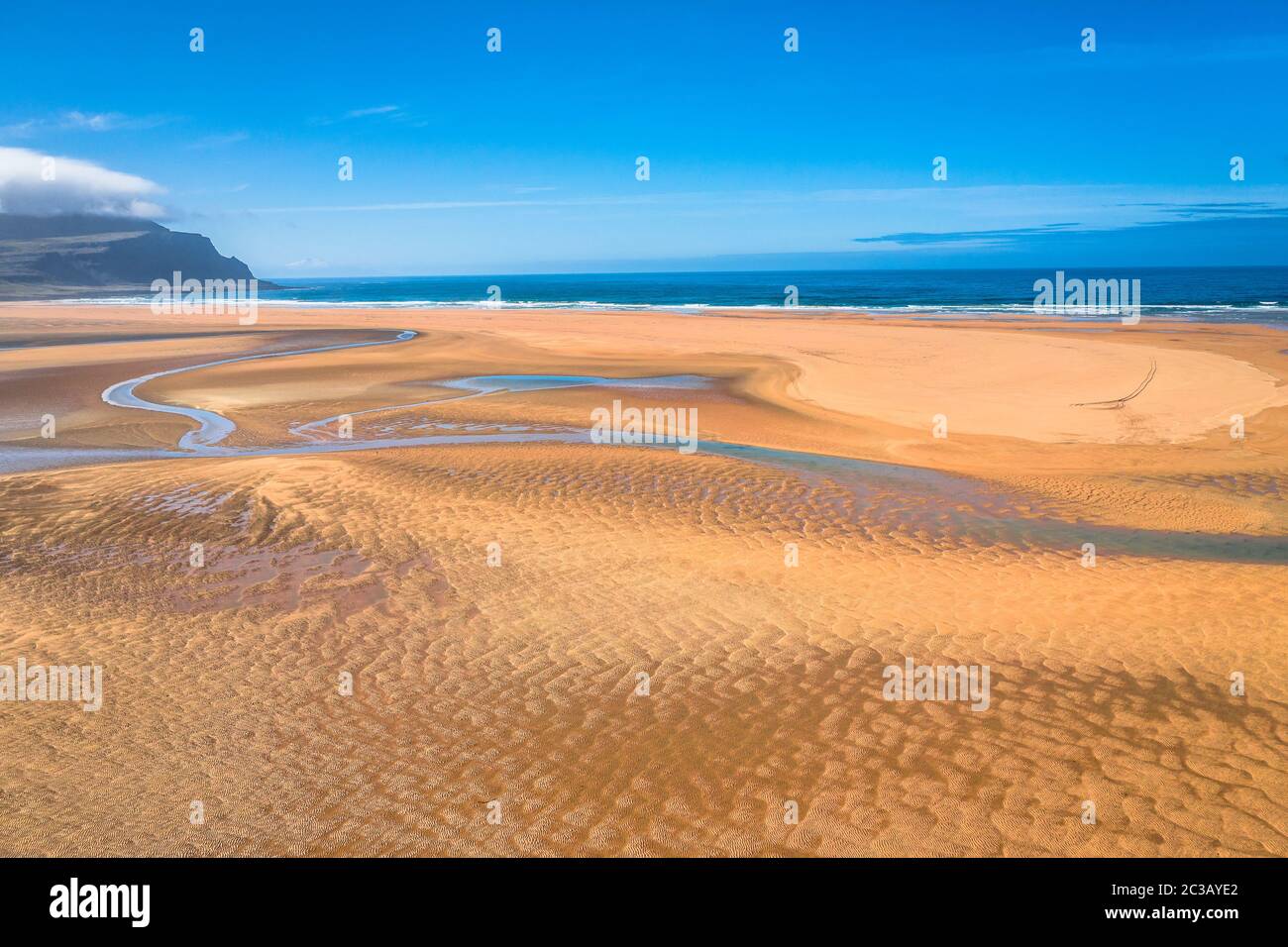 Aerial view of Raudasandur beach at the west fjords of Iceland Stock