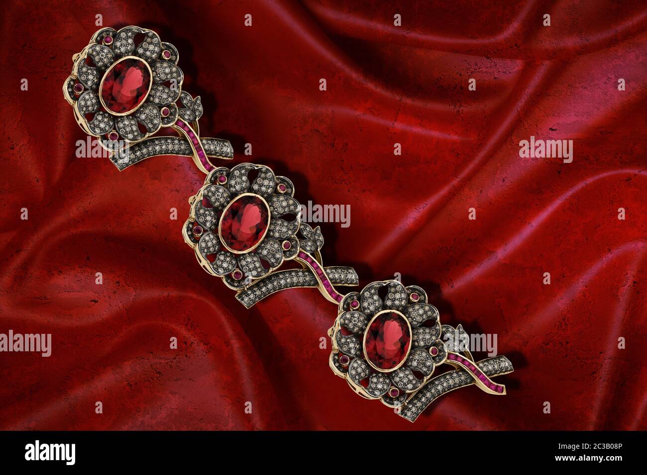 3d wallpaper, red jewelry flowers on concrete wall textured background. The  fresco effect, silk effect Stock Photo - Alamy