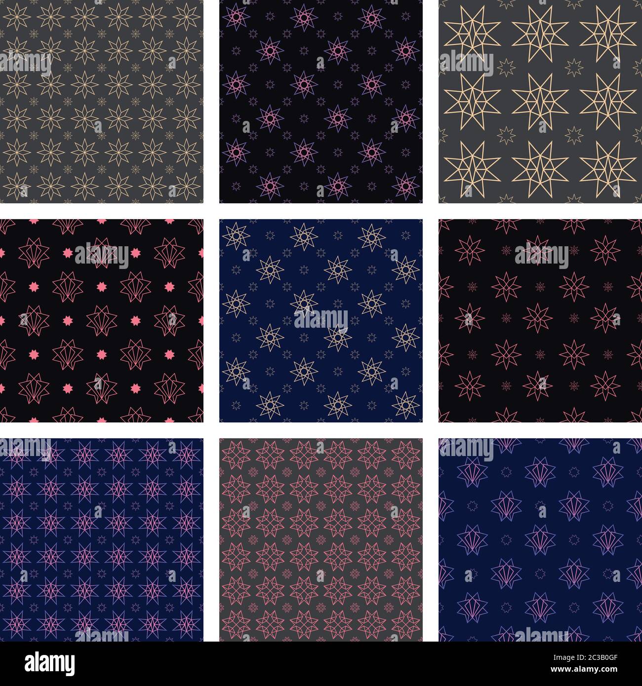 Set of 9 seamless patterns. Colorful stars on a dark background. Repeatable and decorative. Stock Vector