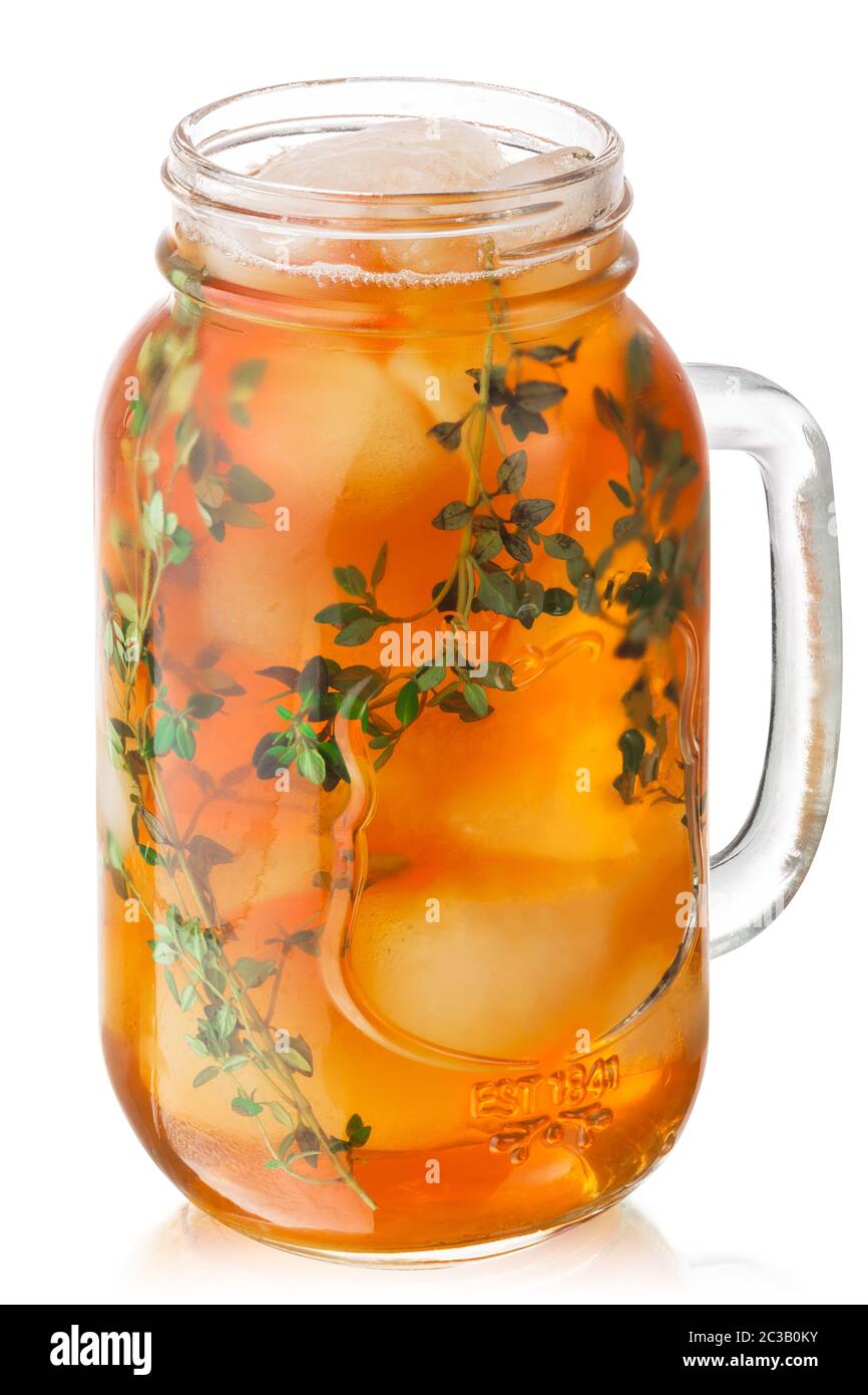 Iced thyme tea in a mason jar, isolated Stock Photo Alamy