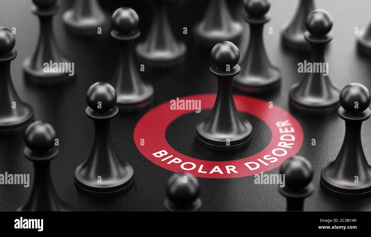3d illustration of pawns over black background and a red circle with the text bipolar disorder. Mental illness concept. Stock Photo