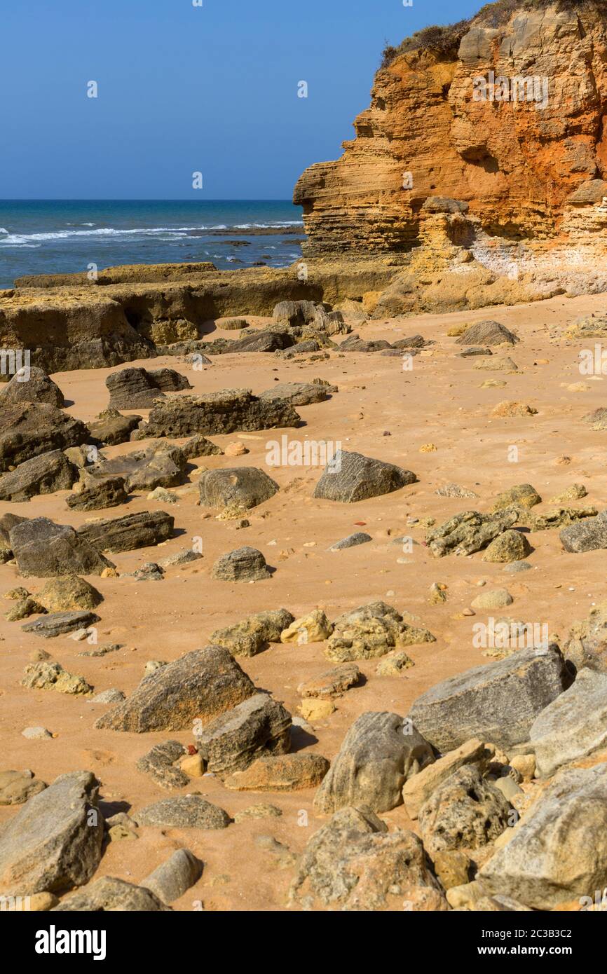 the famous beach of Olhos de Agua in Albufeira. This beach is a part of famous tourist region of Algarve. Stock Photo