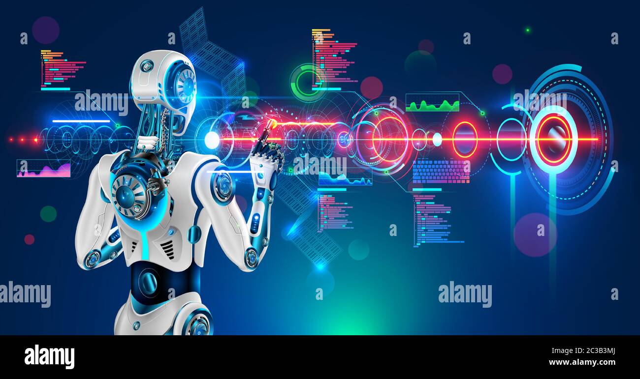 Robot or humanoid cyborg working with abstract tech hologram interface. Futuristic AI in industry 4.0 develops industrial virtual drawings details Stock Vector