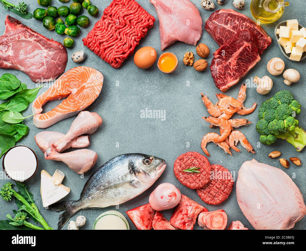 Keto diet concept. Raw ingredients for low carb diet meat, poultry