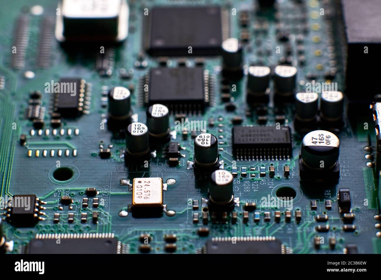 printed circuit Board with chips and radio components electronics Stock Photo