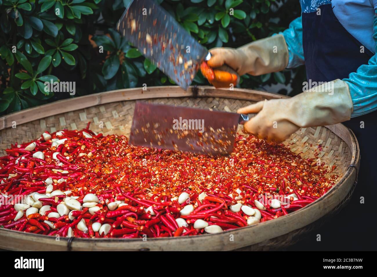 Chillies and garlic being chopped by female worker in a wicker bowl on the street market in Yangshuo town, China Stock Photo