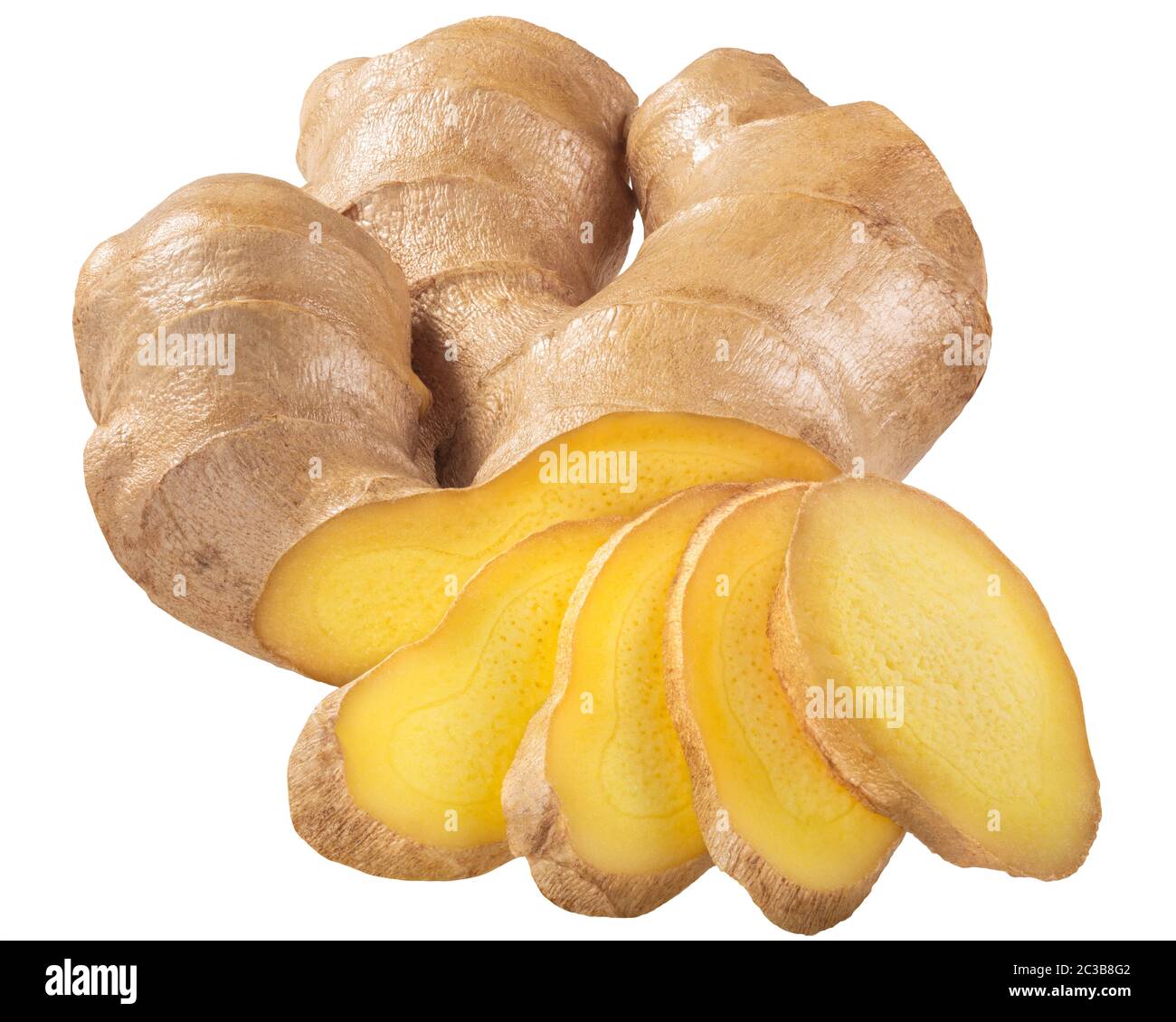 Ginger root (Zingiber officinale rhizome) partially sliced, isolated