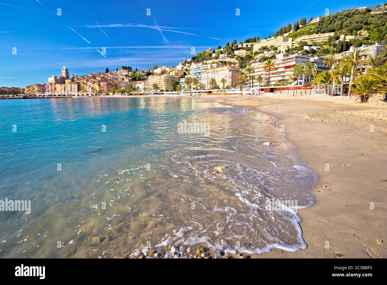 Colorful Cote d Azur town of Menton beach and architecture view Stock