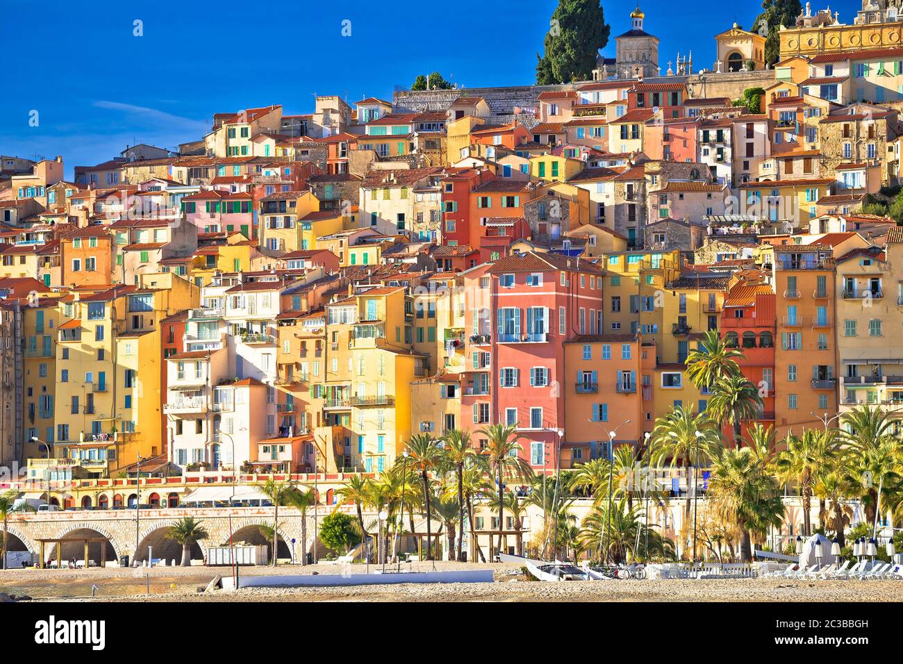 Colorful facades of Cote d Azur town of Menton beach and architecture view Stock Photo