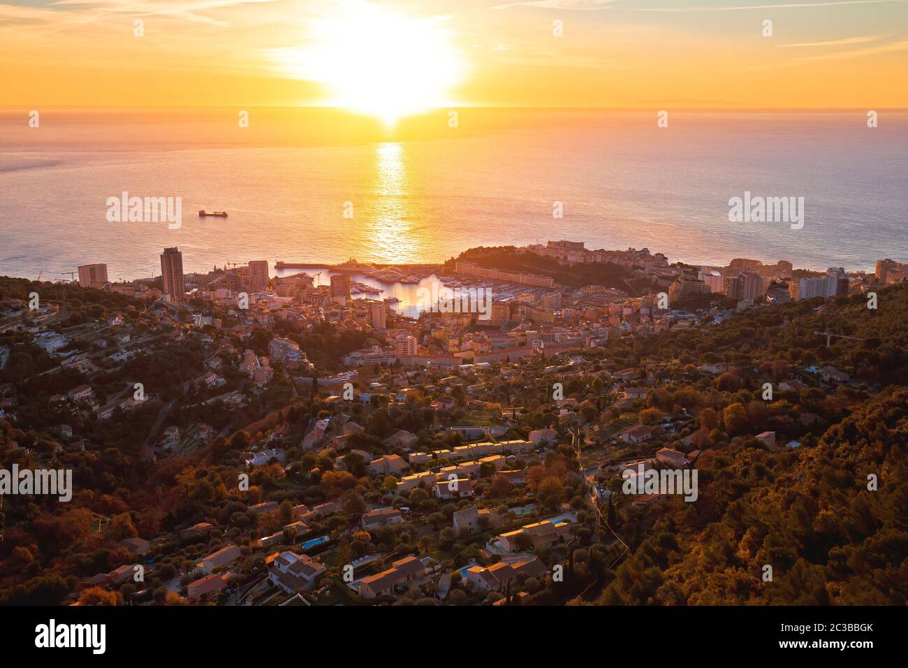 Principality of Monaco aerial panoramic sunrise view Stock Photo
