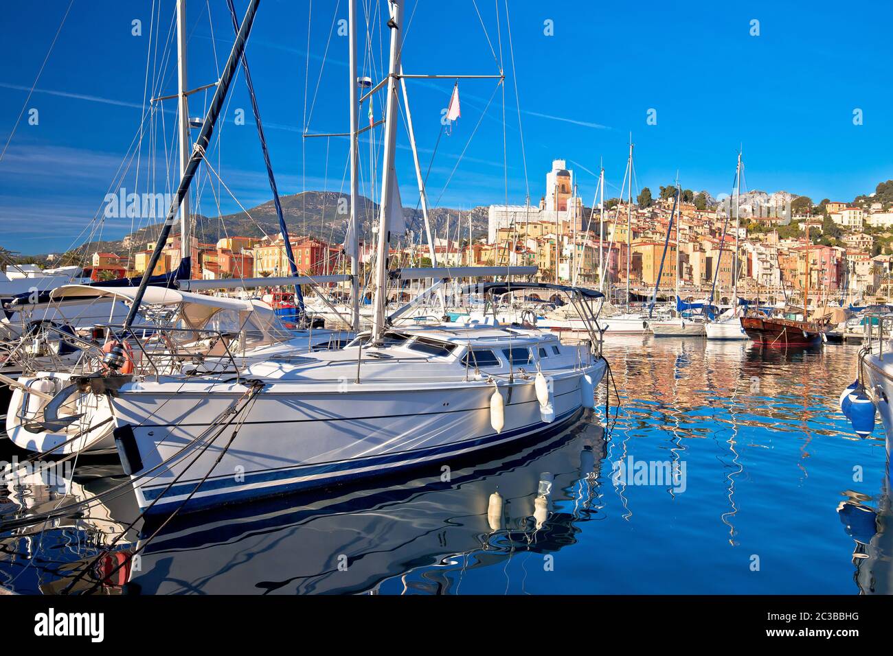Menton. Luxury sailing harbor of Menton at Cote d Azur view Stock Photo