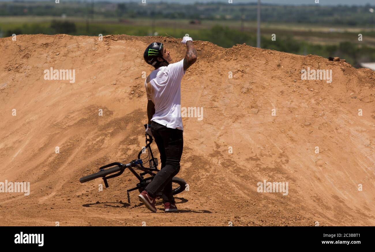X-Games Austin, Texas USA, June 7 2014: British BMX rider Jamie Bestwick celebrates after a clean run on the dirt course during the X Games at the Circuit of the Americas motor sports complex. ©Marjorie Kamys Cotera/Daemmrich Photography Stock Photo