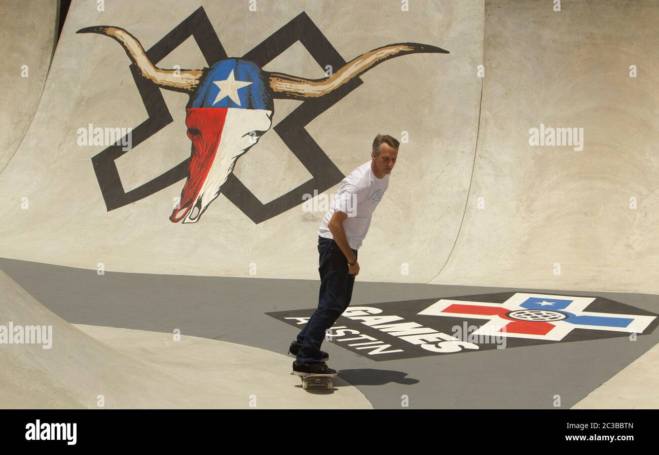 X-Games Austin, Texas USA, June 7 2014:Legendary American skateboarder Tony Hawk practices moves before competing on the skateboard park course at the X Games at the Circuit of the Americas motor sports complex. ©Marjorie Kamys Cotera/Daemmrich Photography Stock Photo