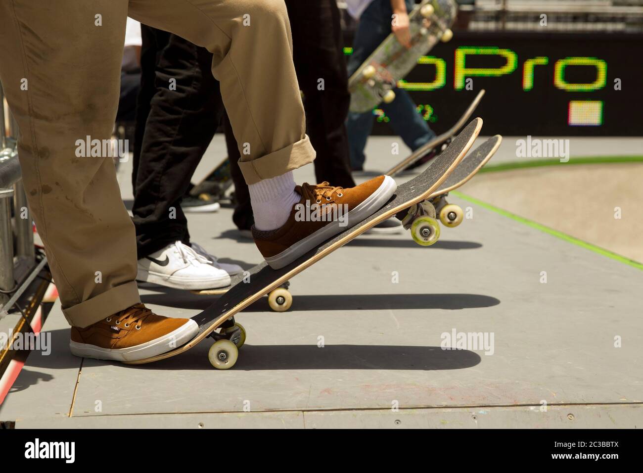 X-Games Austin, Texas USA, June 7 2014:  Skateboarders wait at starting line to take their practice runs before competing on the skateboard park course at the X Games at the Circuit of the Americas motor sports complex. ©Marjorie Kamys Cotera/Daemmrich Photography Stock Photo