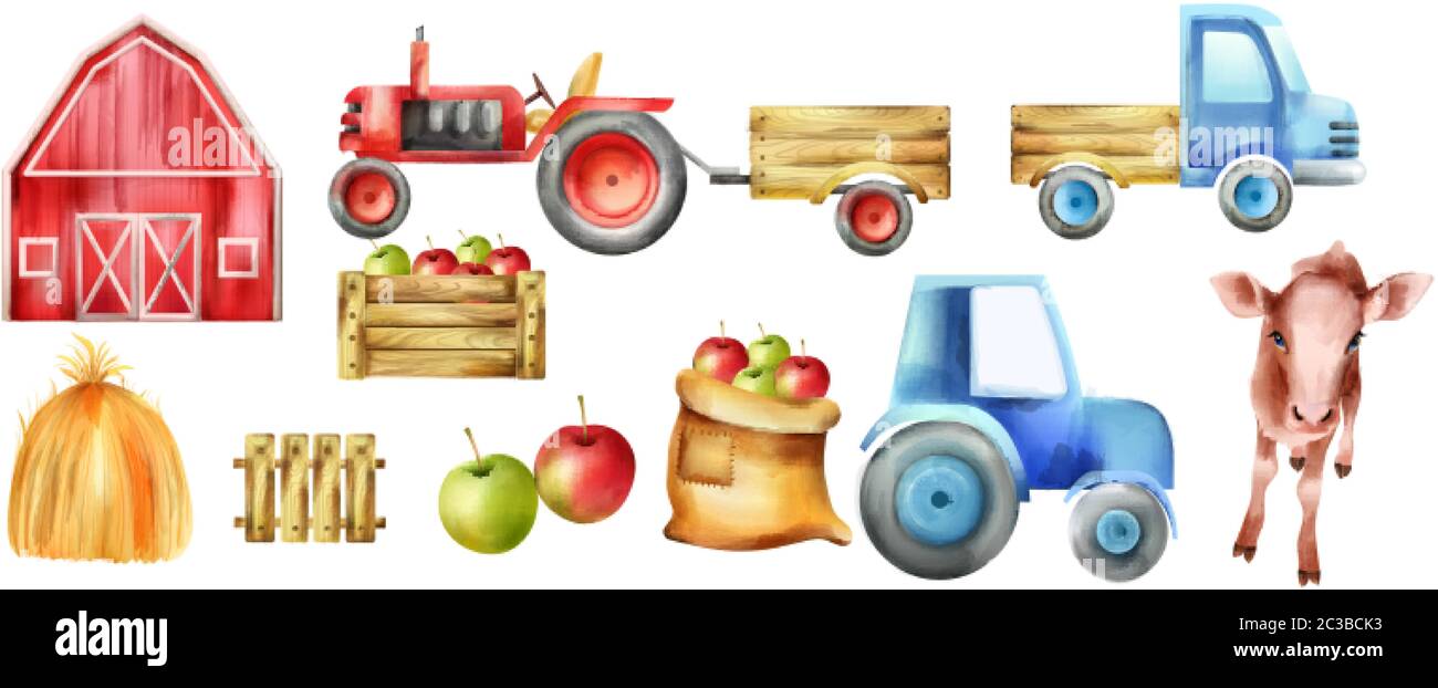 Watercolor farm vehicles and buildings set. Cow, tractor with tow, apples in wooden box, red farm and haystack. Vector Stock Vector