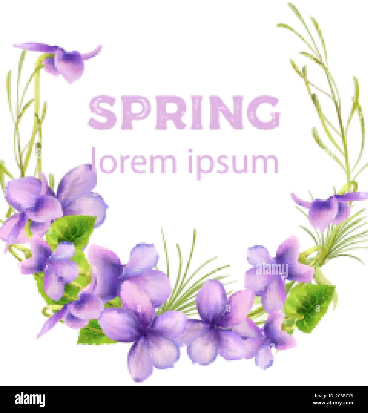 Watercolor spring purple flowers with green leaves. Greeting card ...