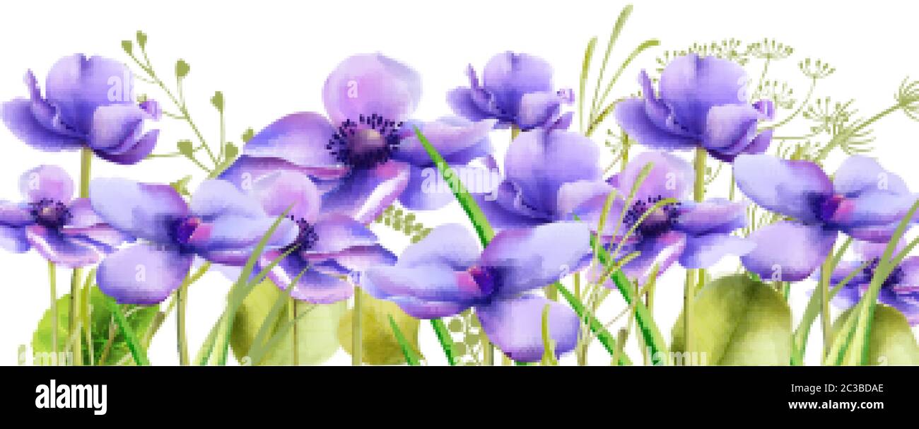 Purple watercolor orchid flowers with green leaves. Wide banner. Vector Stock Vector