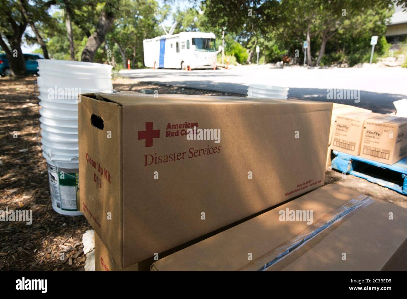 American Red Cross disaster supplies - Wimberley, Texas USA, June 6th, 2015: Emergency food supplies in cardboard boxes await distribution after residents of Wimberley and surrounding areas suffered devastating floods over the Memorial Day weekend.    ©Marjorie Kamys Cotera/Daemmrich Photography Stock Photo