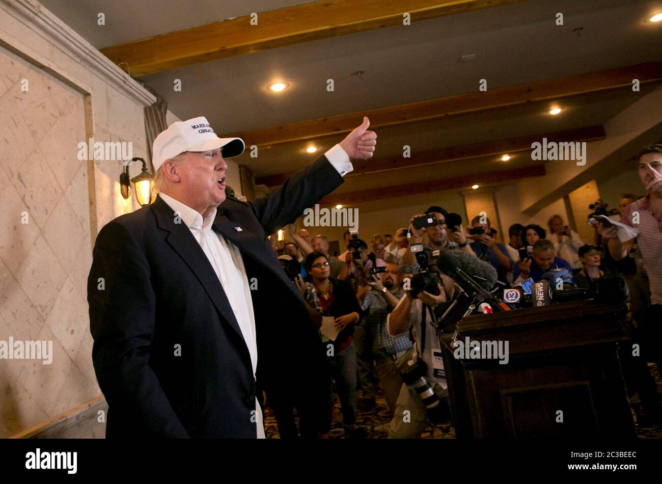 Laredo Texas USA, July 23 2015: Donald Trump, a businessman turned politician who is running for the Republican nomination for U.S. president, speaks to the media at the Paseo Real Reception Hall.  ©Marjorie Kamys Cotera/Daemmrich Photography Stock Photo