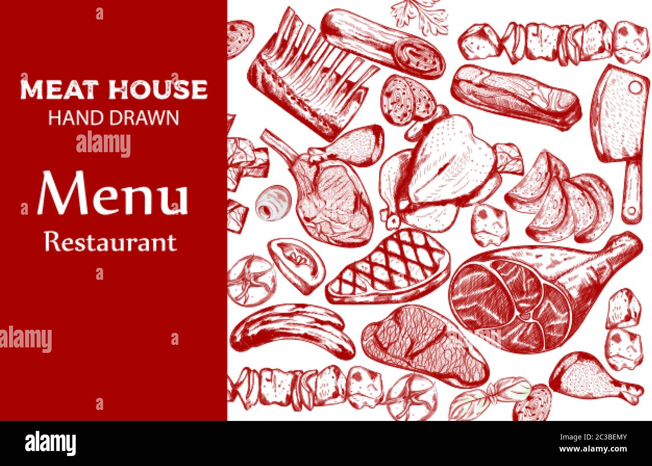 Line art meat set with sausage, steak, pork ribs and butcher knife ...