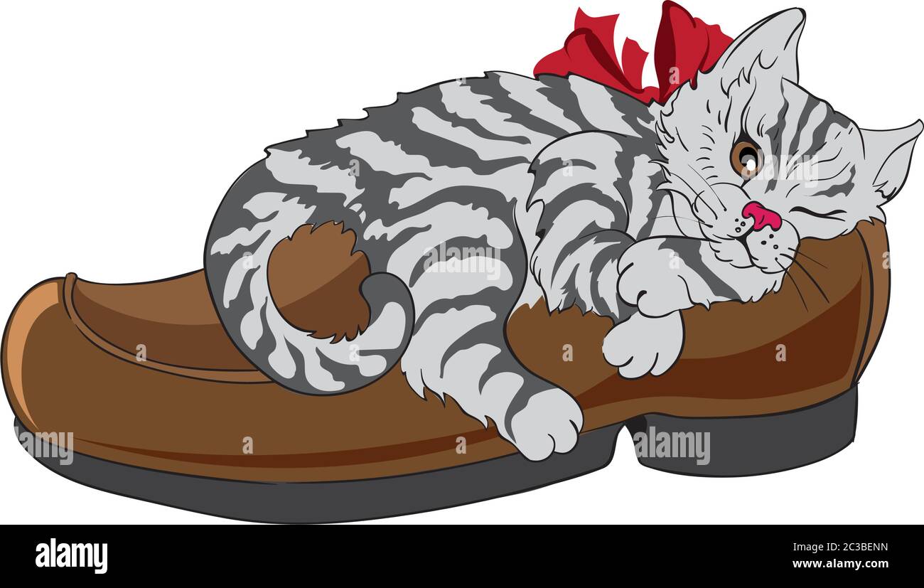 Little fluffy zebra cat with bow tie sleeping in a shoe. Vector Stock