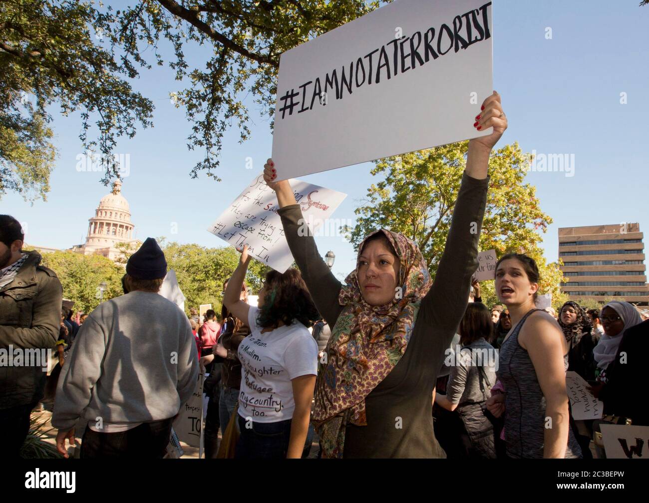 November 22 2015, Austin Texas USA: Group gathers at Wooldridge Park in downtown Austin to protest Governor Greg Abbott's decision not to allow Syrian refugees into the state. The Syrian People Solidarity Group organized the protest, which included several hundred people   © Marjorie Kamys Cotera /Daemmrich Photography Stock Photo