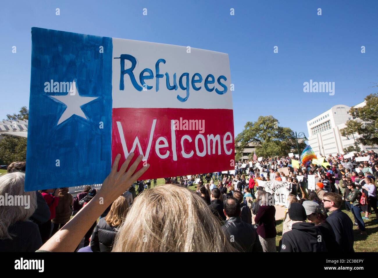 November 22 2015, Austin Texas USA: Group gathers at Wooldridge Park in downtown Austin to protest Governor Greg Abbott's decision not to allow Syrian refugees into the state. The Syrian People Solidarity Group organized the protest, which included several hundred people   © Marjorie Kamys Cotera /Daemmrich Photography Stock Photo