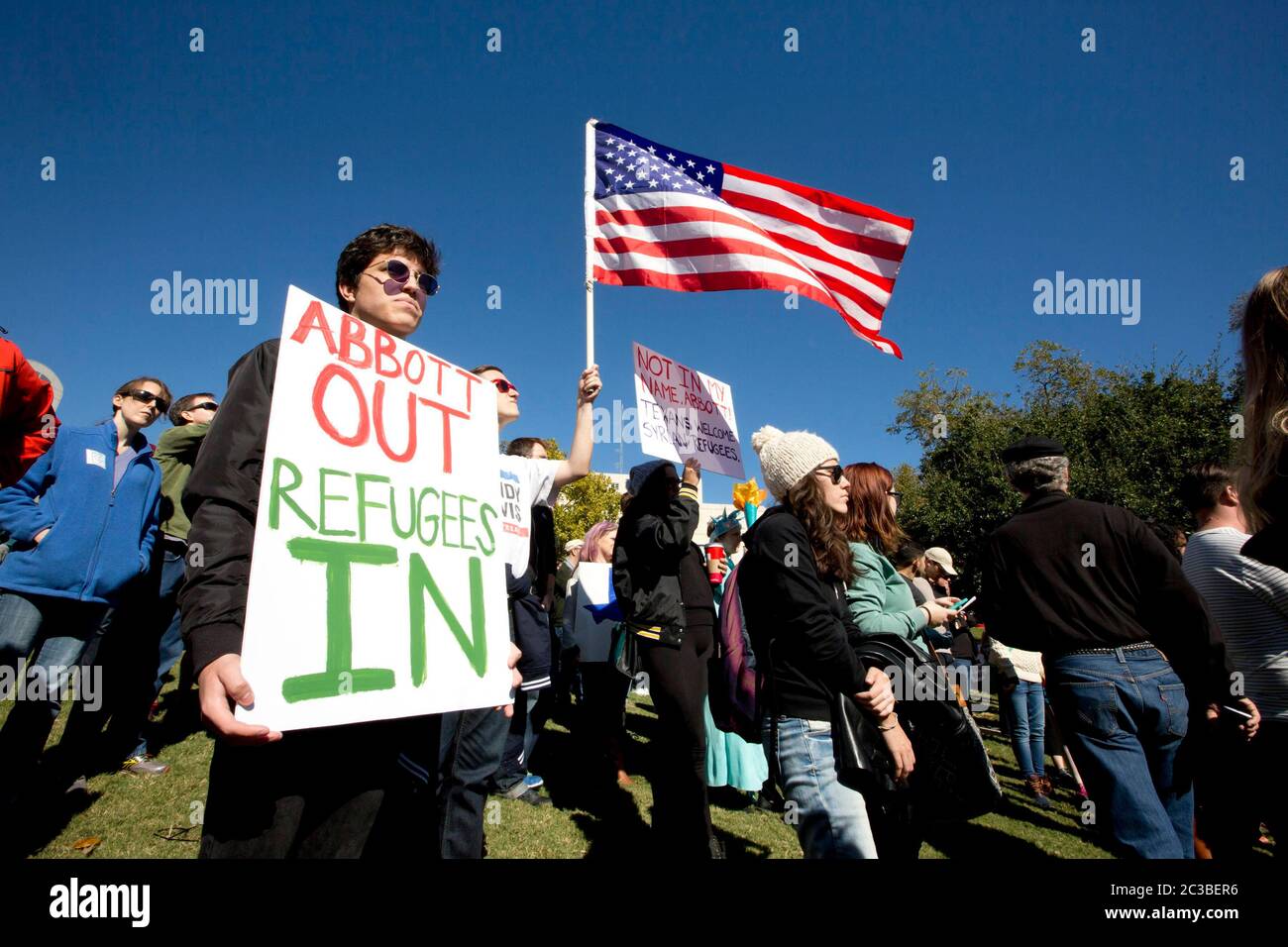 November 22 2015, Austin Texas USA: Group gathers at Wooldridge Park in downtown Austin to protest Governor Greg Abbott's decision not to allow Syrian refugees into the state. The Syrian People Solidarity Group organized the protest, which included several hundred people   © Marjorie Kamys Cotera /Daemmrich Photography Stock Photo