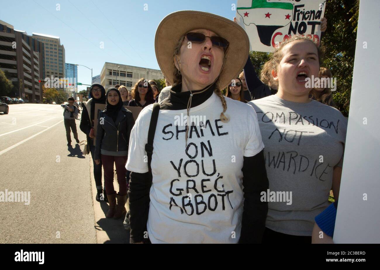 November 22 2015, Austin Texas USA: Group gathers at Wooldridge Park in downtown Austin to protest Governor Greg Abbott's decision not to allow Syrian refugees into the state. The Syrian People Solidarity Group organized the protest, which included several hundred people   © Marjorie Kamys Cotera /Daemmrich Photography Stock Photo