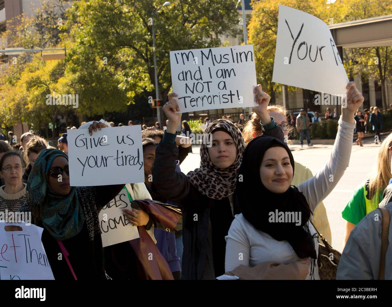 November 22 2015, Austin Texas USA: Group gathers at Wooldridge Park in downtown Austin to protest Governor Greg Abbott's decision not to allow Syrian refugees into the state. The Syrian People Solidarity Group organized the protest, which included several hundred people   © Marjorie Kamys Cotera /Daemmrich Photography Stock Photo