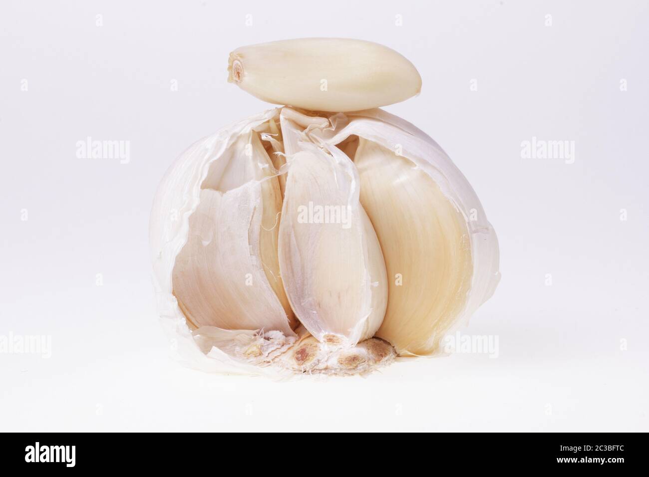 Opened white garlic tuber, cloves with peel, isolated on white background. Food, health concept Stock Photo