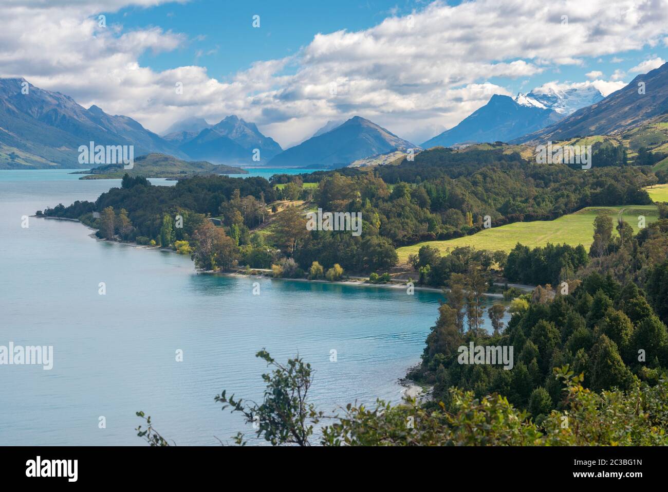 A landscape view of Lake Wakatipu surrounded by mountains in South ...