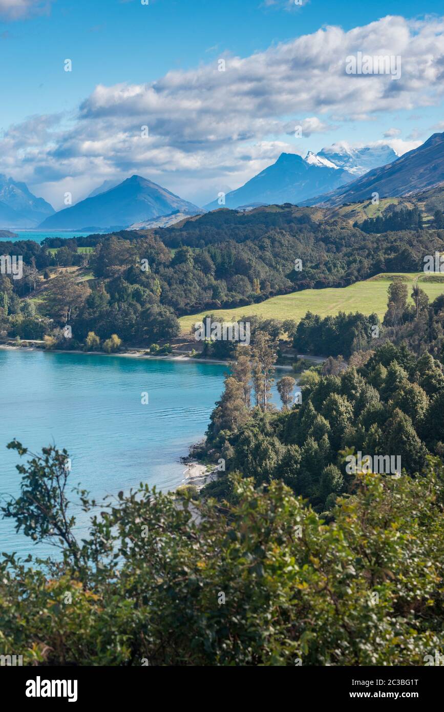 A landscape view of Lake Wakatipu surrounded by mountains in South ...