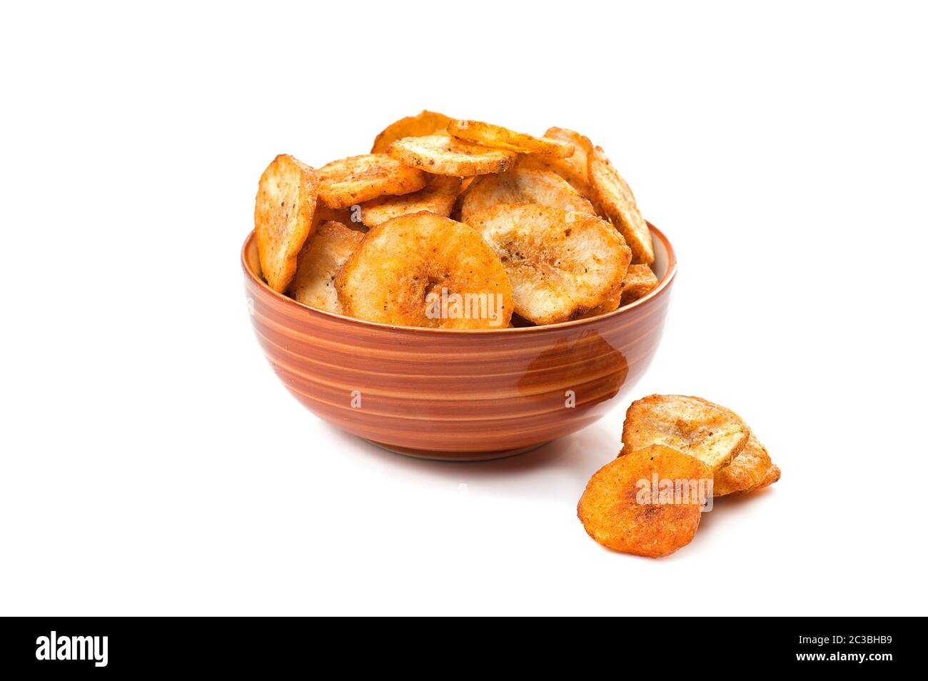 Banana chips on a white background Stock Photo