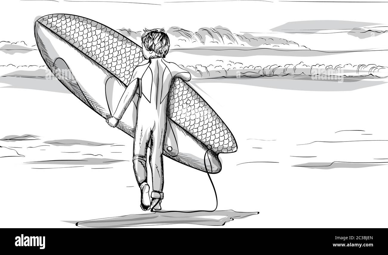 Boy with a surfing board walking to the sea. Line art. Vector Stock ...