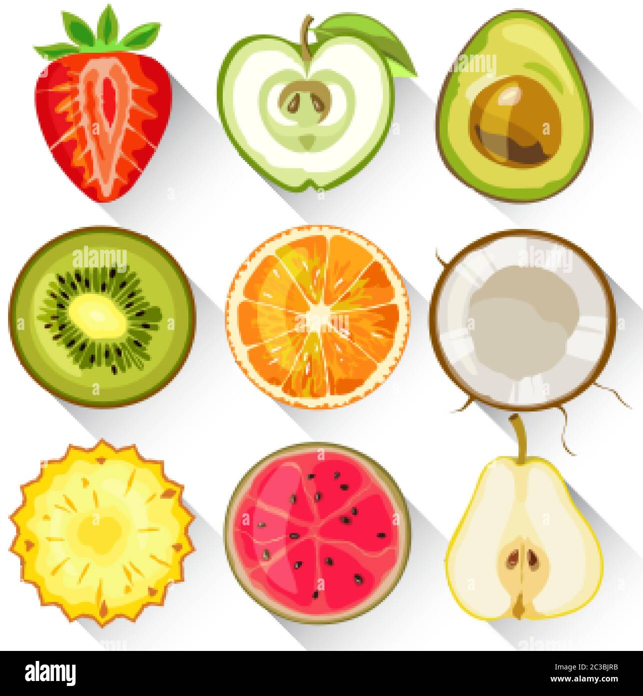 Set of fruits and vegetables. Apple, kiwi, orange, strawberry, avocado