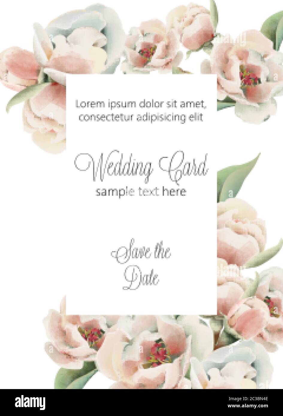 Wedding card with pale pink peonies and place for text. Watercolor ...