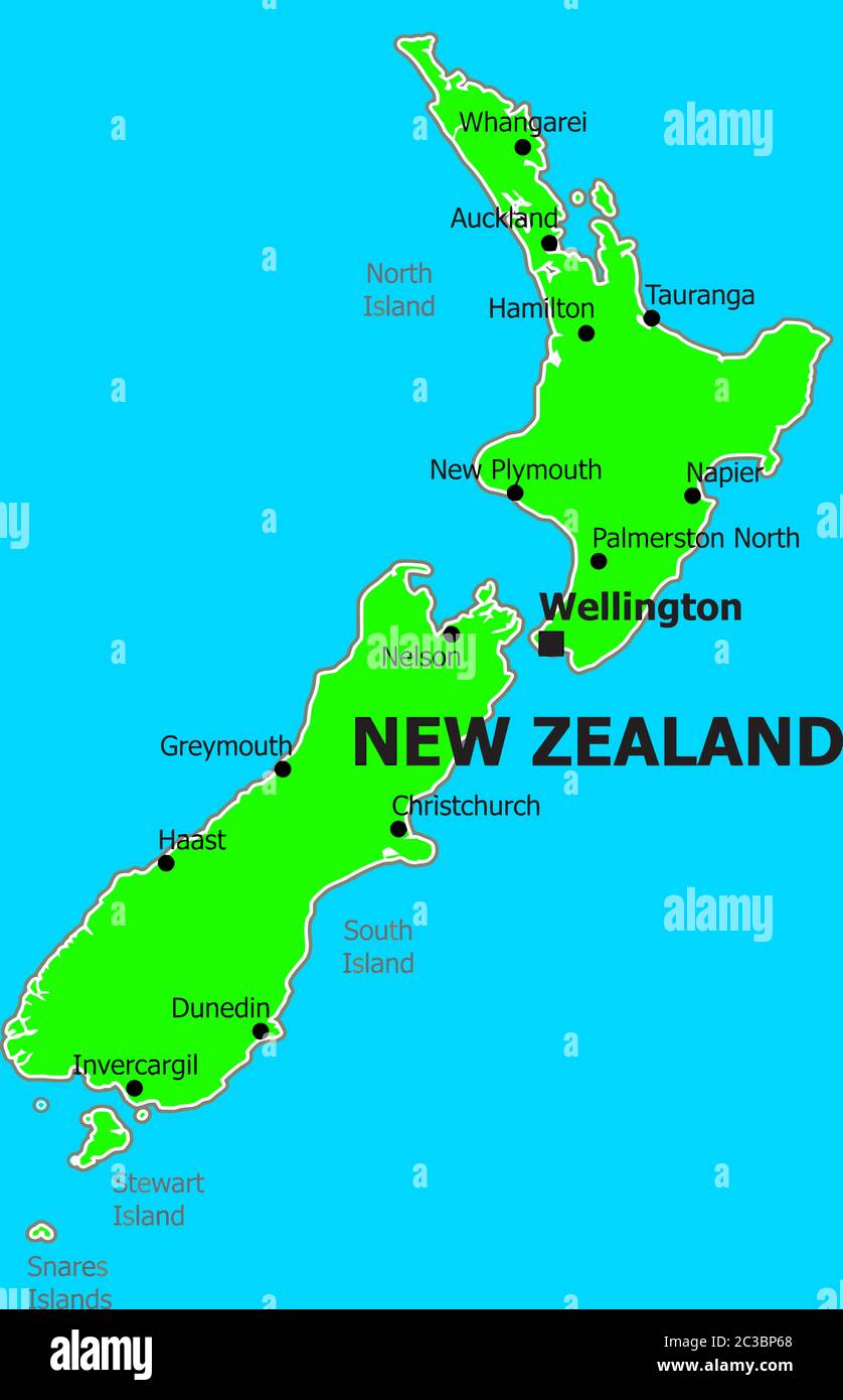 New Zealand Ocean Map New Zealand Map Ocean Territory Cities Illustration Stock Photo - Alamy