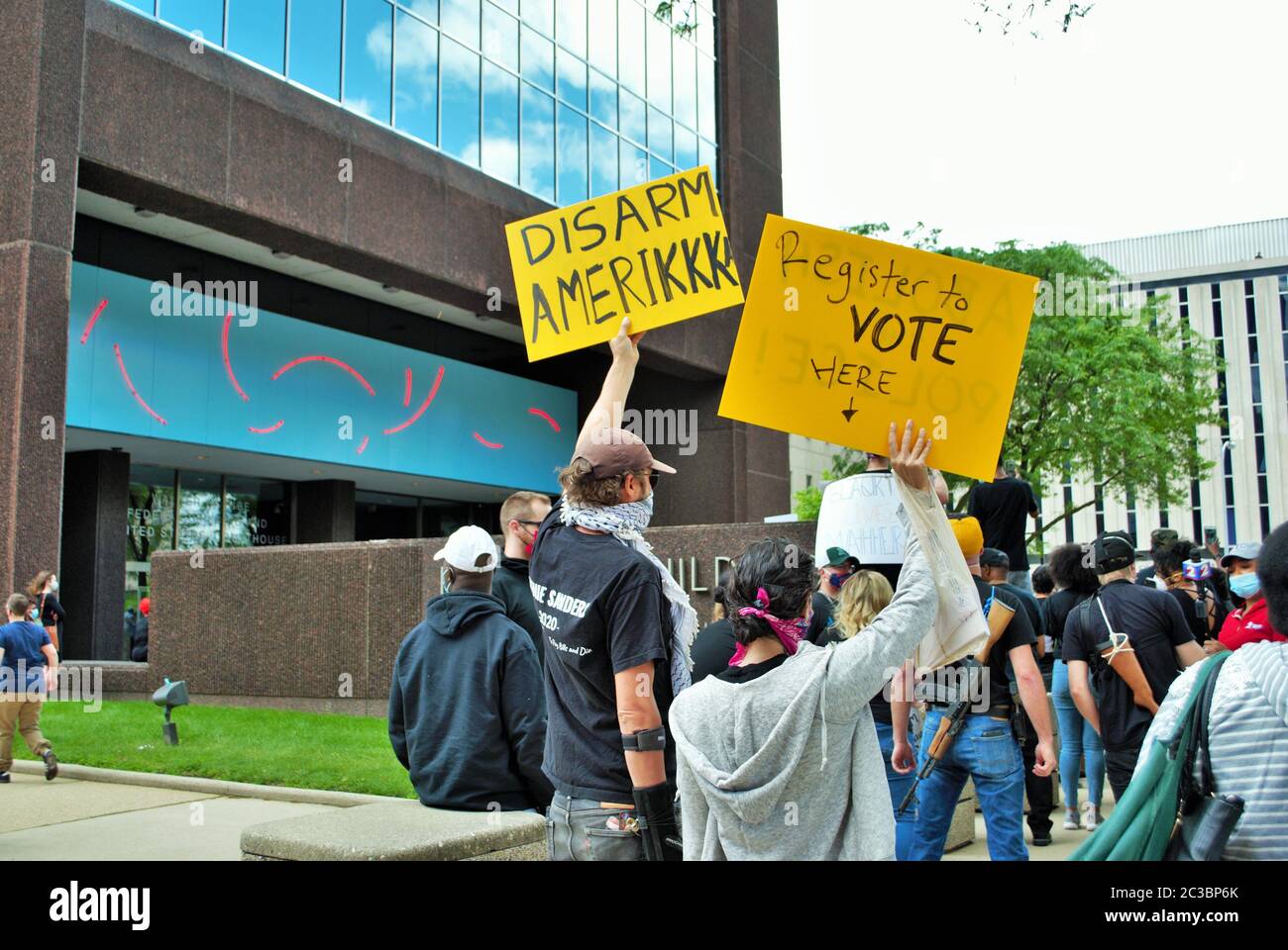 Dayton, Ohio, United States 05/30/2020 protesters at a black lives matter rally holding signs and wearing masks Stock Photo